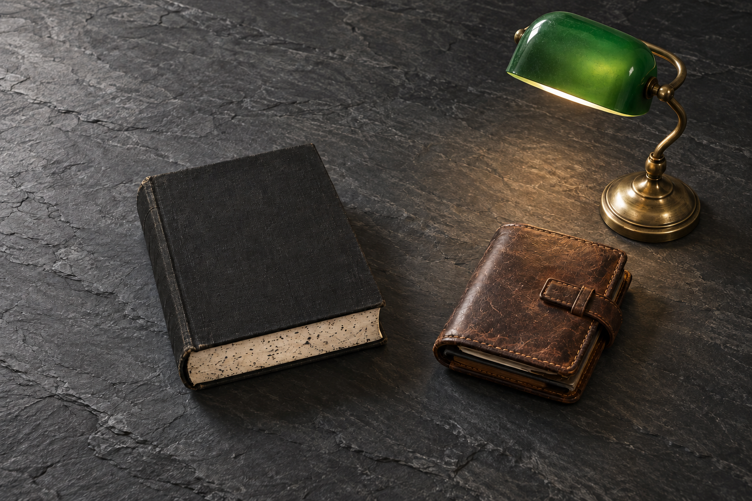 Ein schwarzes Buch, ein brauner Lederorganizer und eine grüne Lampe auf rauem Schiefer.